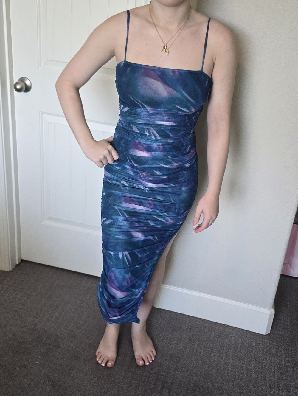 Satin Marble-Print Slip Midi Dress in Blue and Purple